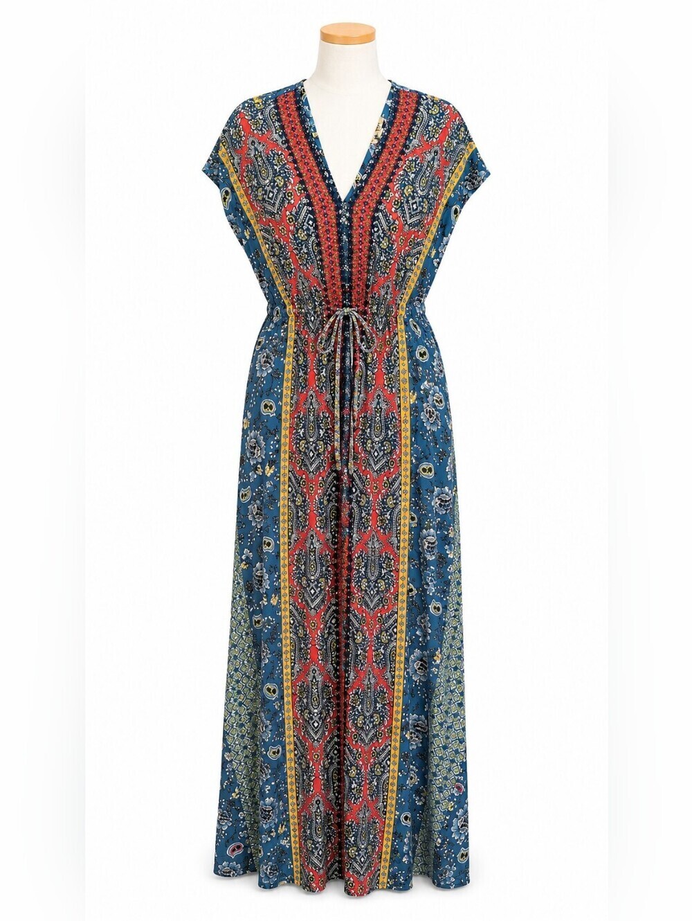 One World NWT Multicolor Floral Paisley Print Cap Sleeve Maxi Dress Sz M Boho